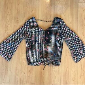 Lush Long Sleeve Blouse Gingham Check Floral Corset Back Black White Size S